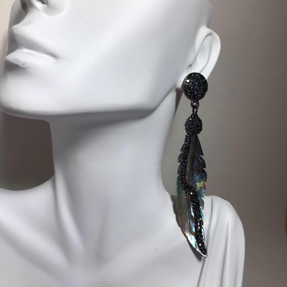 Genuine Abalone Shell Feather, Stud  Drop Earrings